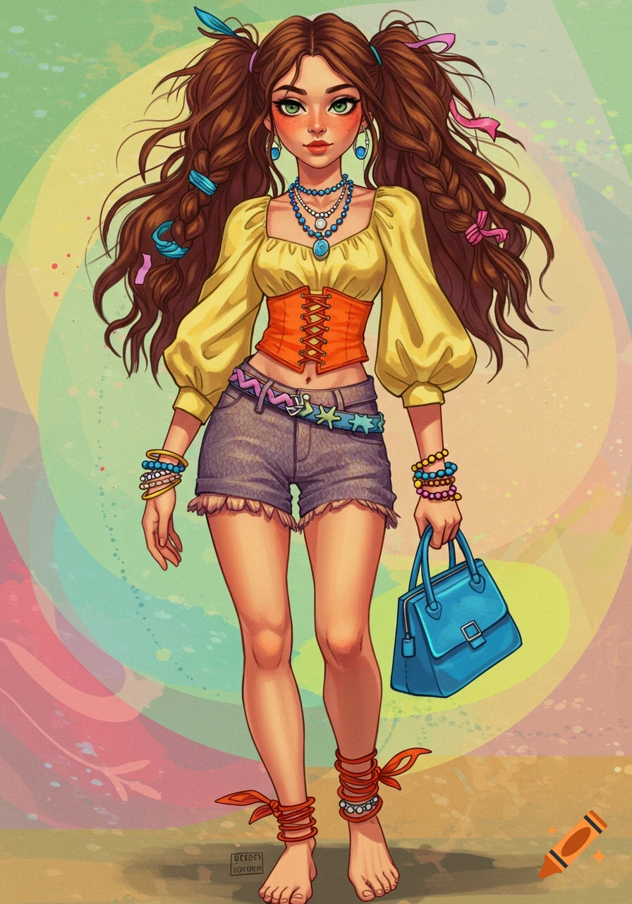 Stylized illustration of a young woman with braided pigtails, a yellow top, orange corset, denim shorts, and a blue handbag, standing barefoot.