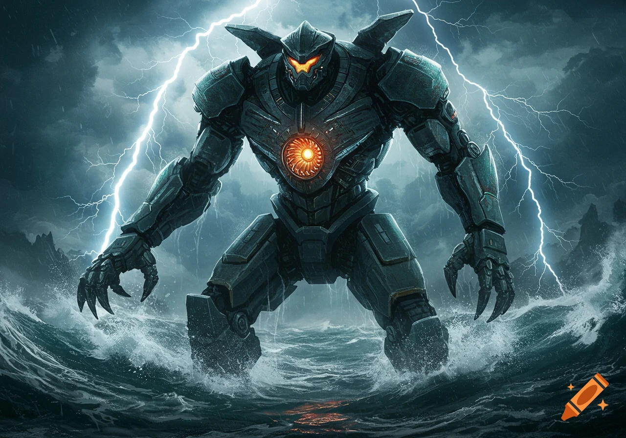 A colossal dark gray robot with an orange glowing core stands in a stormy ocean with lightning striking in the dark sky.