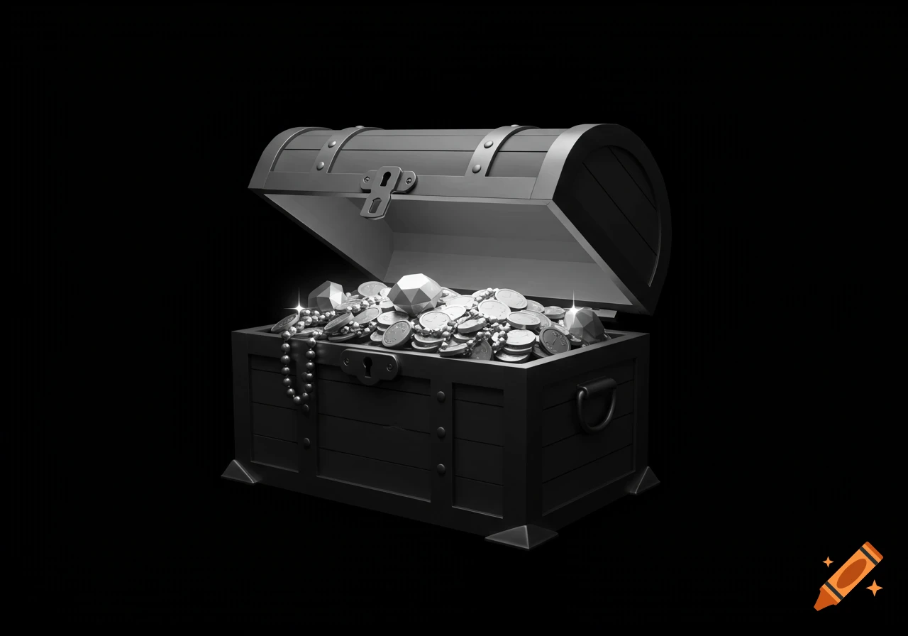 A black and white image of an open treasure chest overflowing with coins, jewels, and a string of pearls.