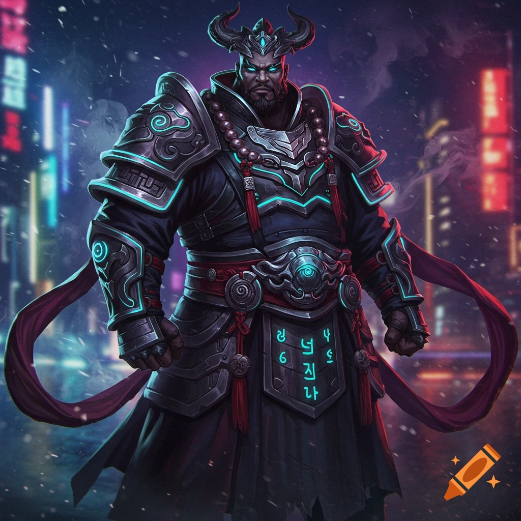 A muscular, horned man in glowing blue and silver futuristic armor stands against a blurry cyberpunk city background at night, digital art.
