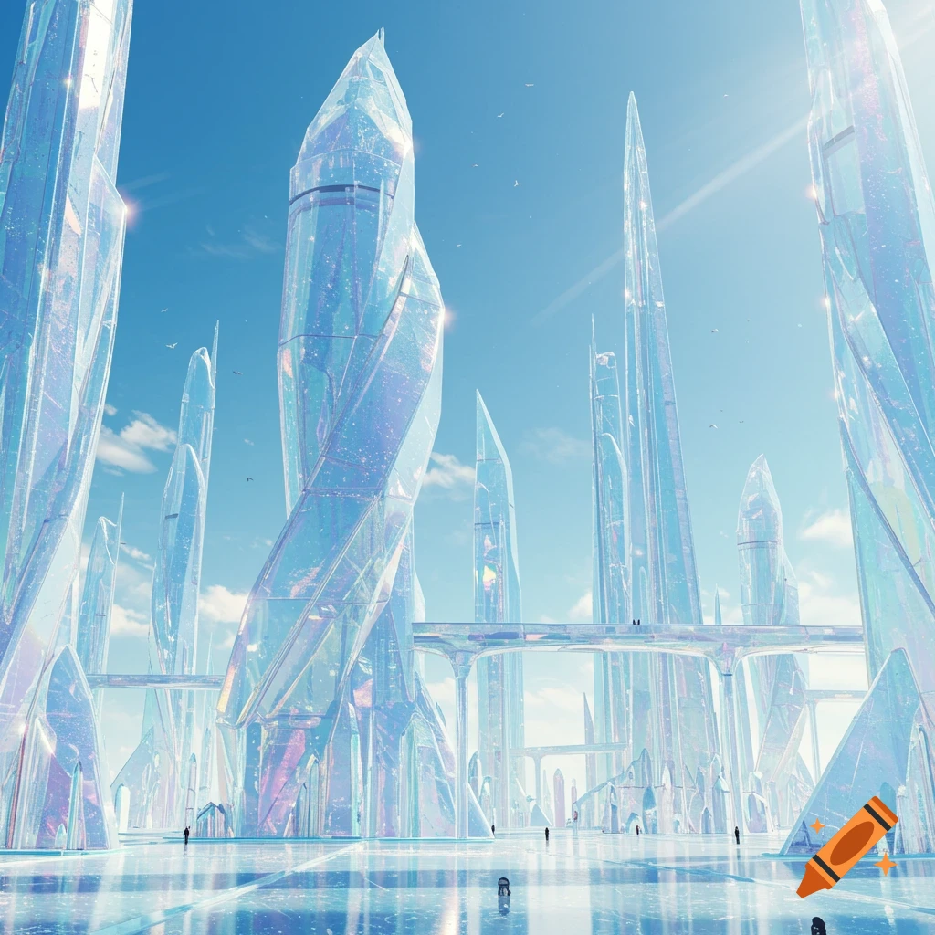 A futuristic city of gleaming crystalline skyscrapers under a bright blue sky.
