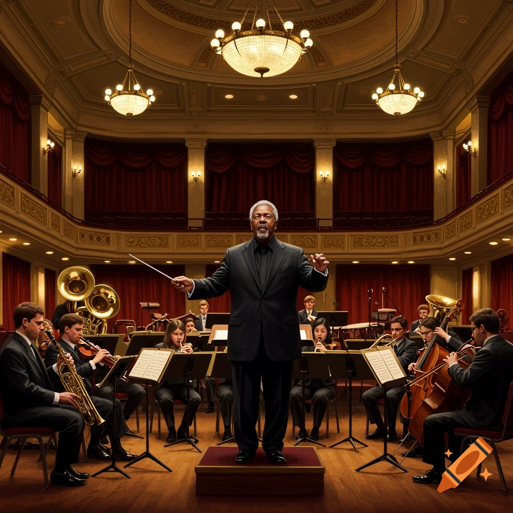 A male conductor in a suit directs an orchestra with brass, strings, and woodwinds in a grand, ornate concert hall.