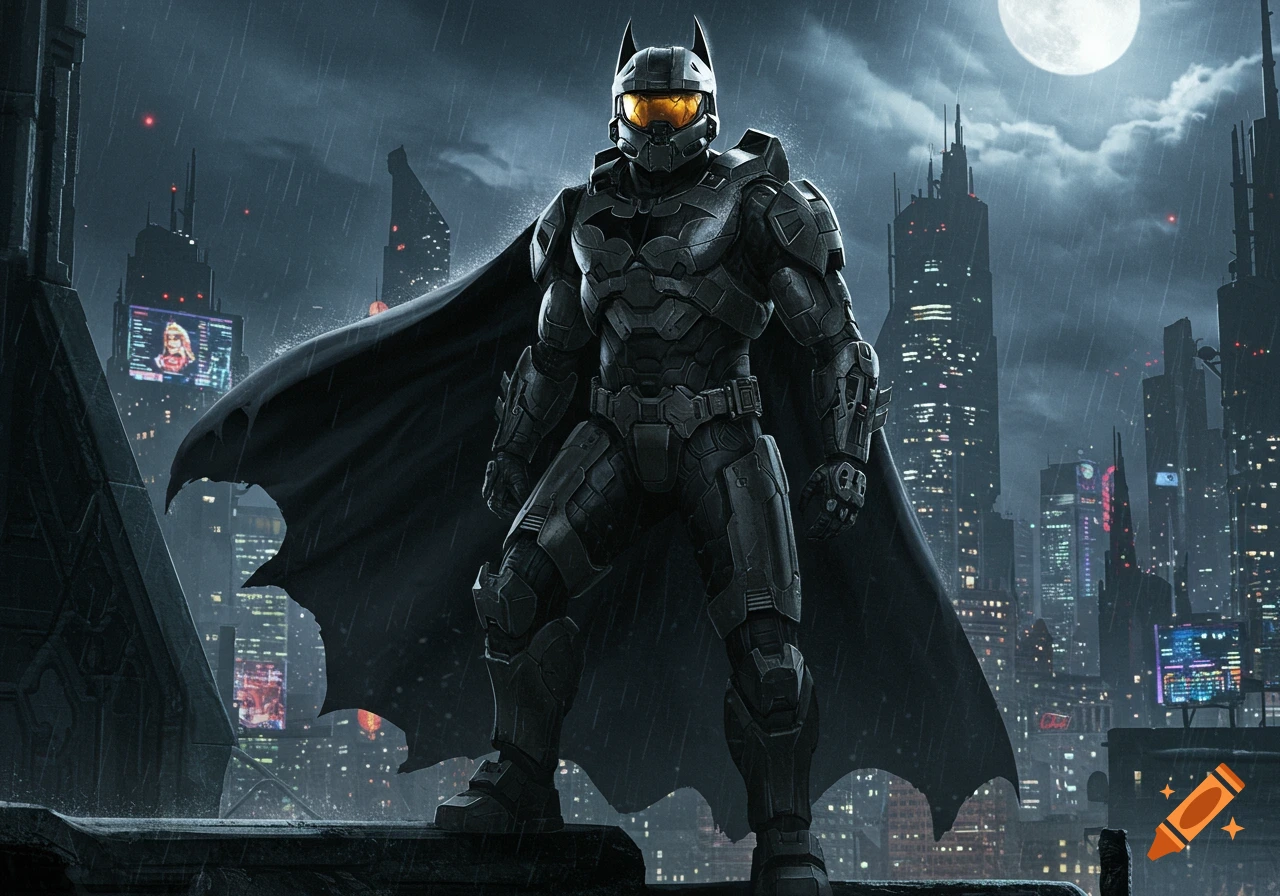 Master Chief in Batman-style armor and cape stands on a rainy futuristic city rooftop under a full moon.