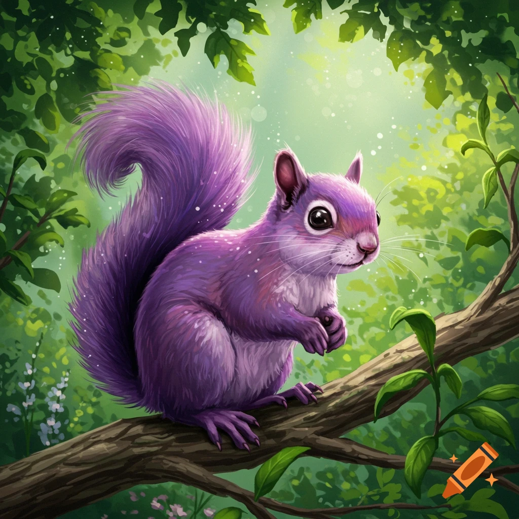 A vibrant purple squirrel with large dark eyes sits on a tree branch in a lush green forest, stylized illustration.
