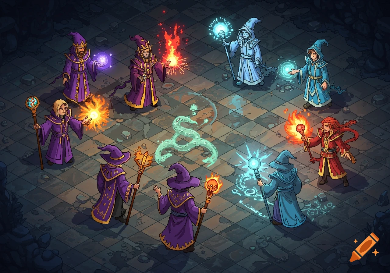 Pixel art of eight wizards in an isometric dungeon, casting colorful spells at each other in a turn-based game style.