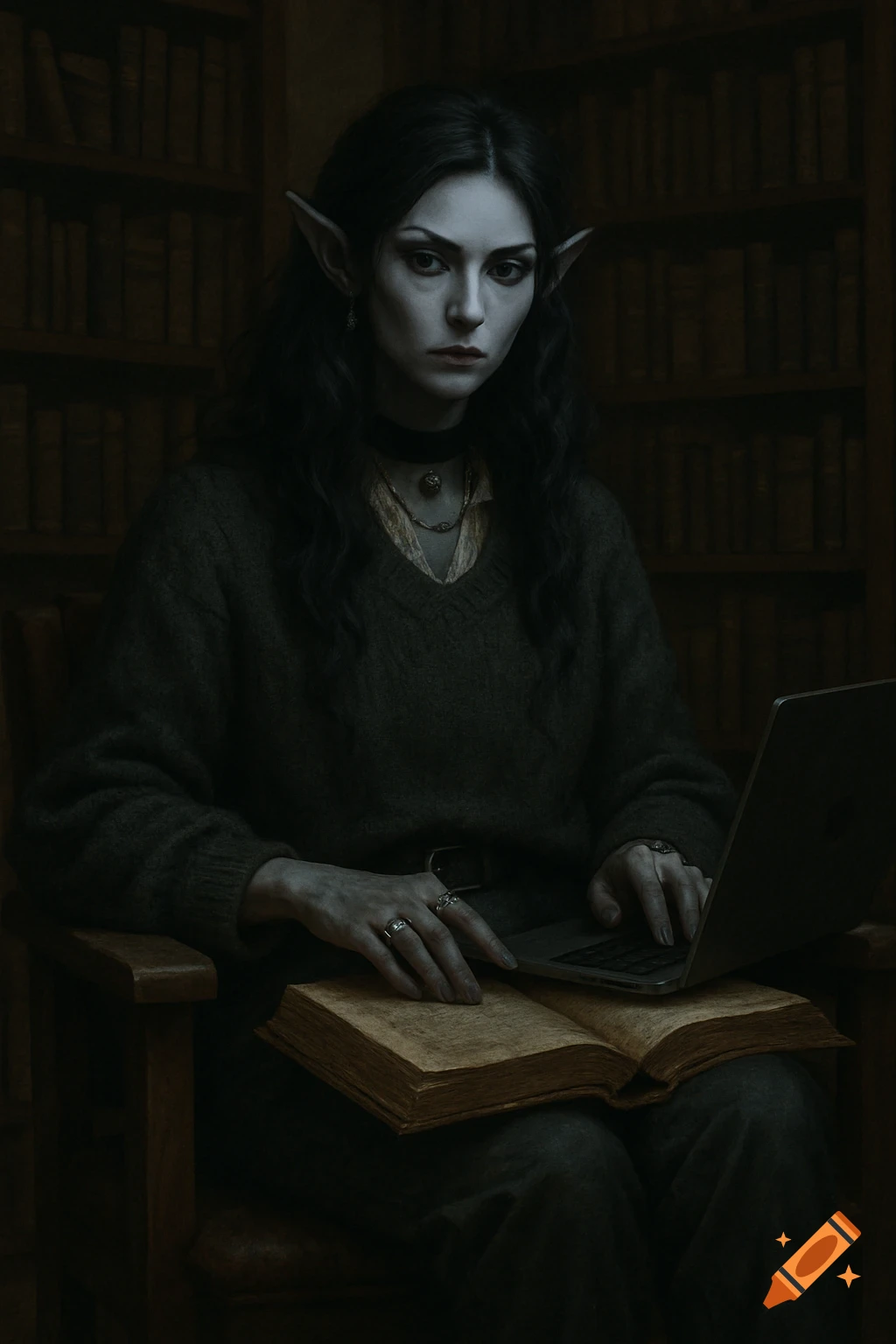 Photorealistic portrait of a dark elf woman in a dimly lit library, with a laptop and open book.