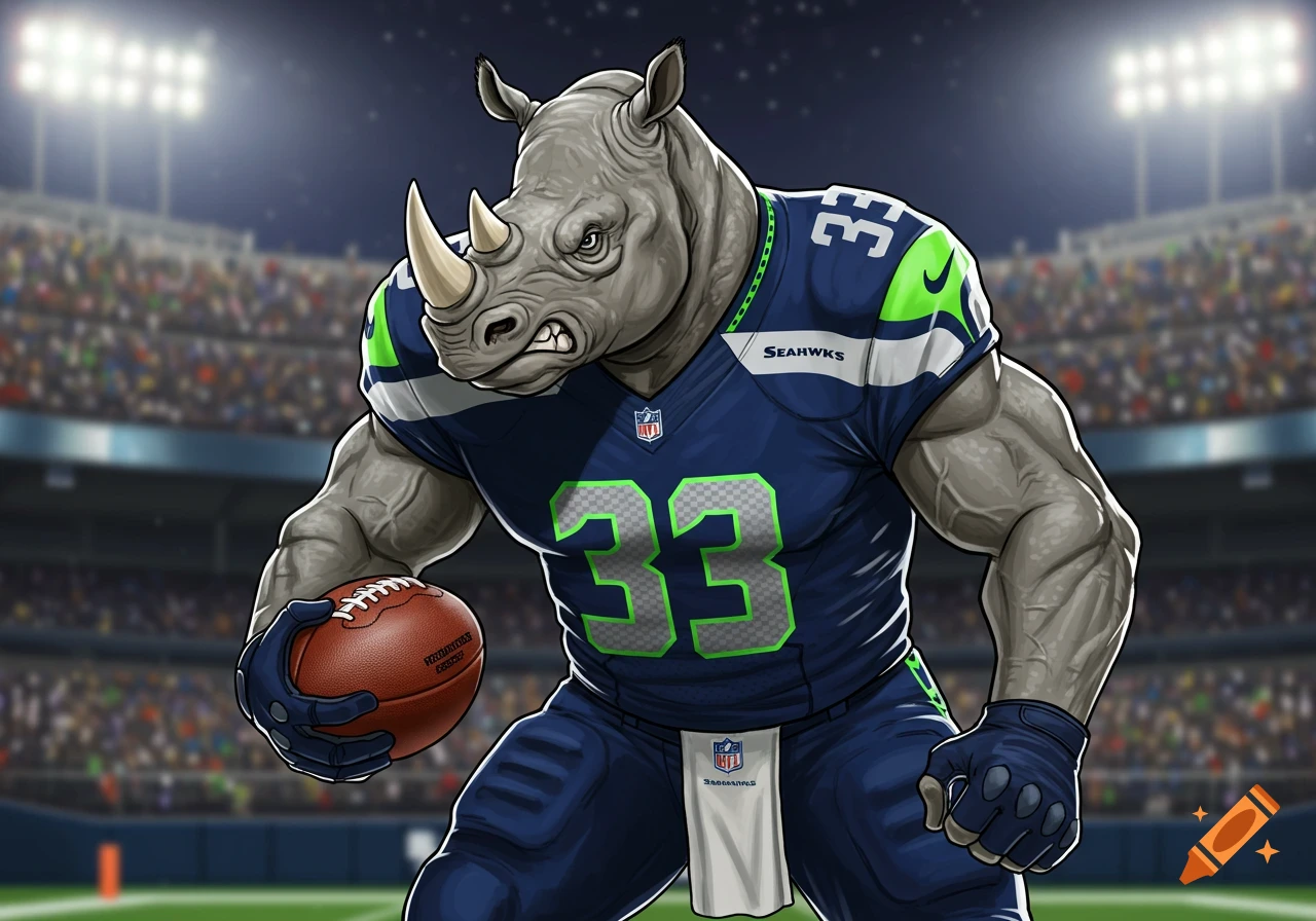 Cartoon illustration of a muscular anthropomorphic rhinoceros in a Seattle Seahawks uniform holding a football in a stadium at night.