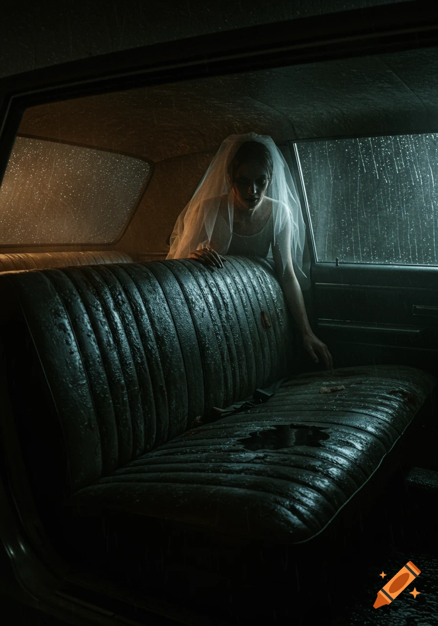 A soaked bride with a pale, blurred face sits eerily in the backseat of a dark, rainy car, with dark liquid and a red smear on the seat.
