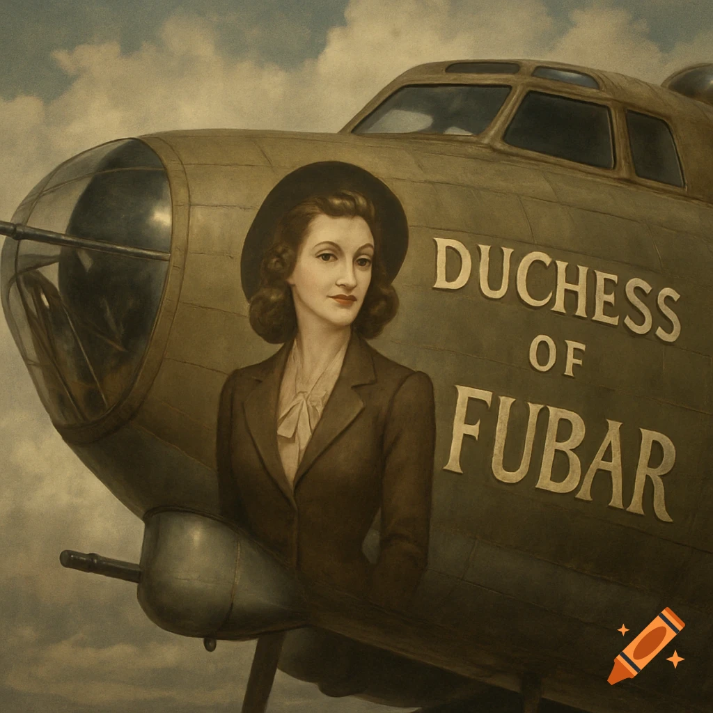Vintage painting of a woman in a hat and suit standing next to a B-17 bomber with 'DUCHESS OF FUBAR' nose art.