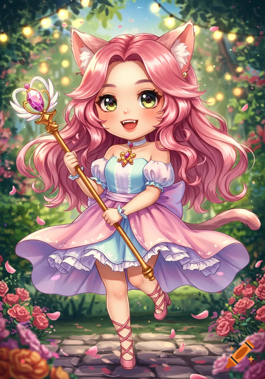A cute chibi anime cat girl with pink hair, hazel eyes, and a scepter stands in a rose garden with fairy lights.