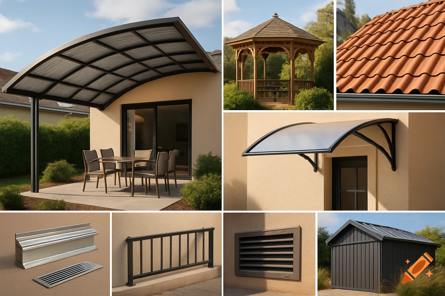 A collage of exterior home architectural elements, including a curved carport, wooden gazebo, roof tiles, an awning, metal railing, vent, and shed.