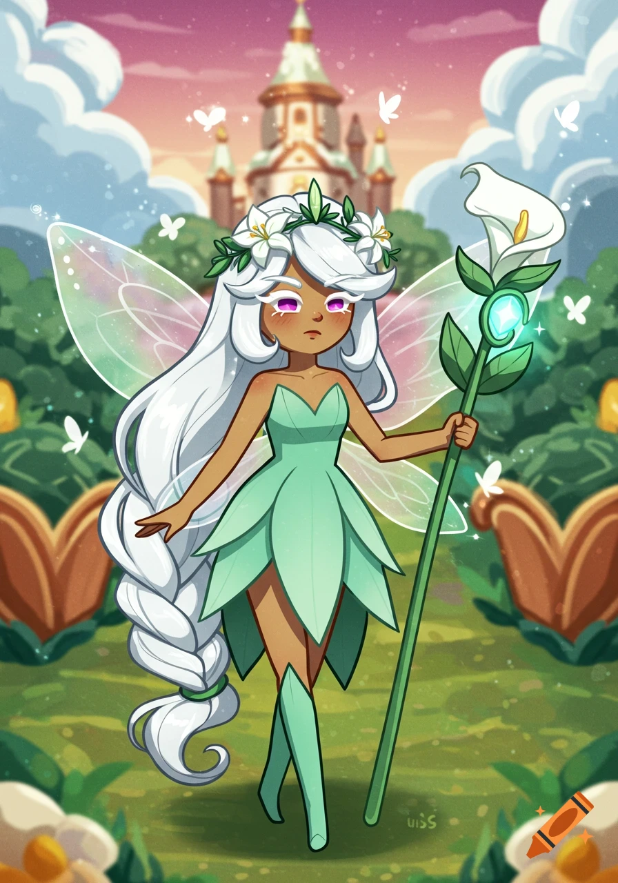 Cartoon fairy with long white hair, mint leaf dress, and translucent wings, holding a glowing calla lily staff in a fantasy garden with a castle.
