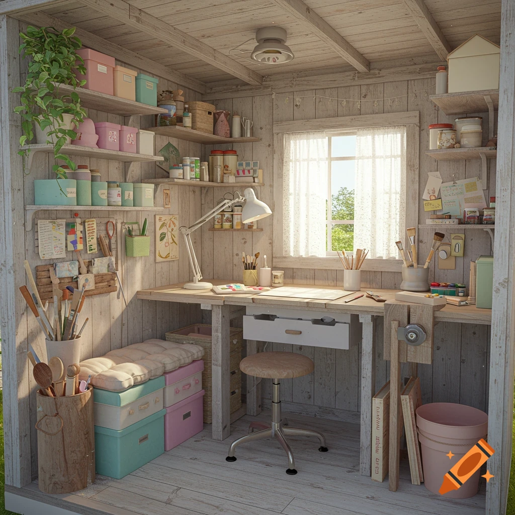 A bright, cozy she shed workspace with shelves, art supplies, a desk by a window, and storage boxes.