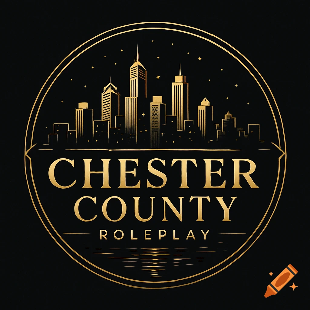 A circular gold and black logo with a city skyline silhouette above the text "CHESTER COUNTY ROLEPLAY" and water reflections.