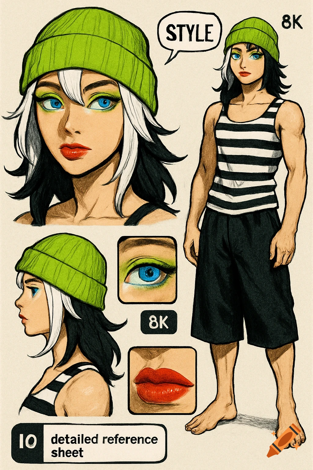 Illustrated character reference sheet featuring multiple views of a person with a green beanie, black and white hair, a striped tank top, and black shorts.