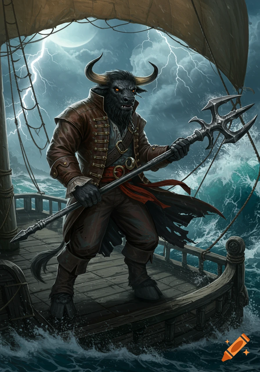 A black minotaur pirate captain stands on a ship deck in a storm, holding a trident.