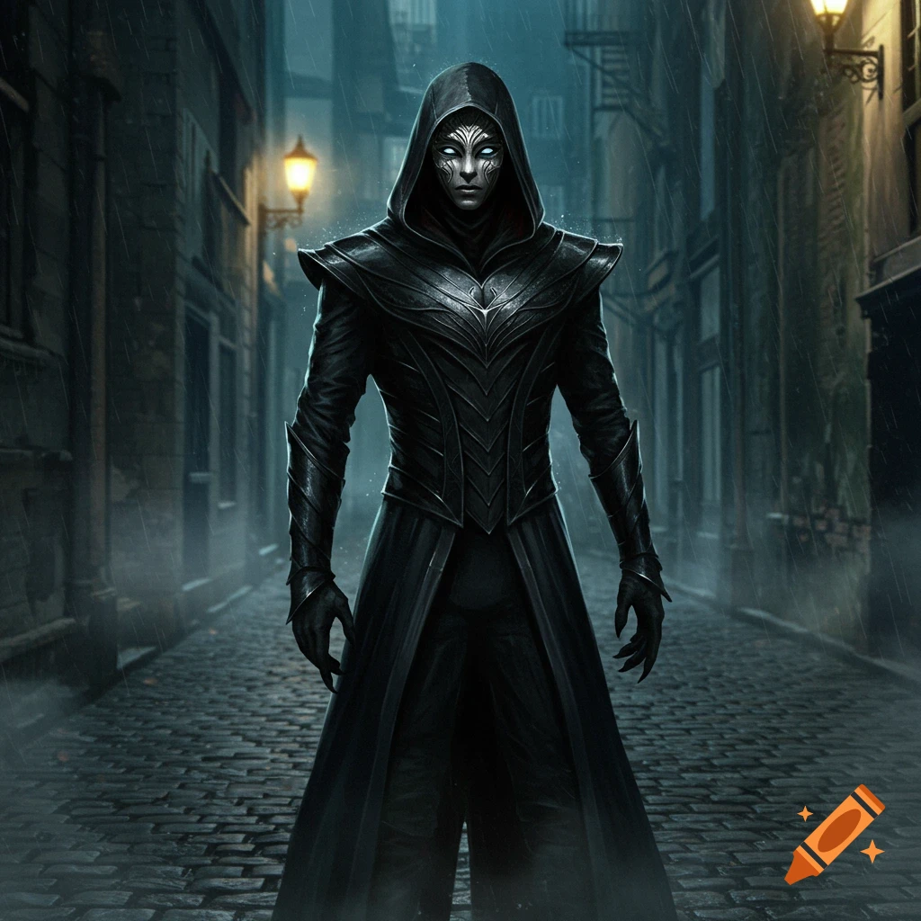 Dark fantasy art of a masked figure in a black hooded cloak on a rainy cobblestone street.