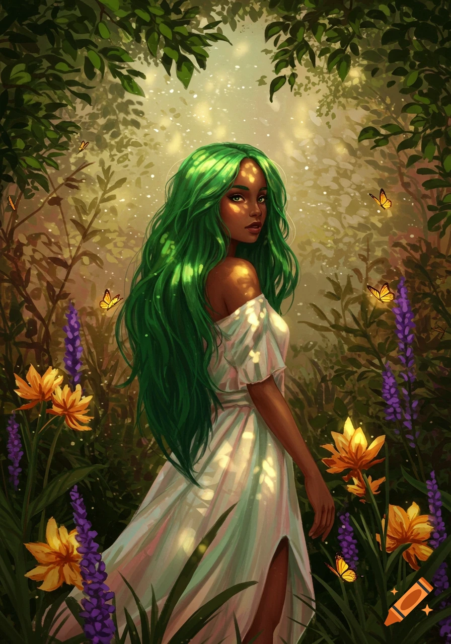 Dark-skinned woman with long green hair in a white dress in a sunlit forest with orange and purple flowers and butterflies.