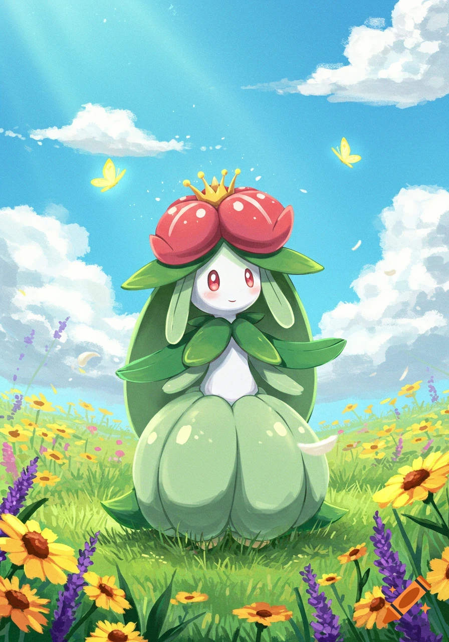 A cute, plant-like Lilligant Pokémon with a crown stands in a vibrant flower field under a blue sky with butterflies.