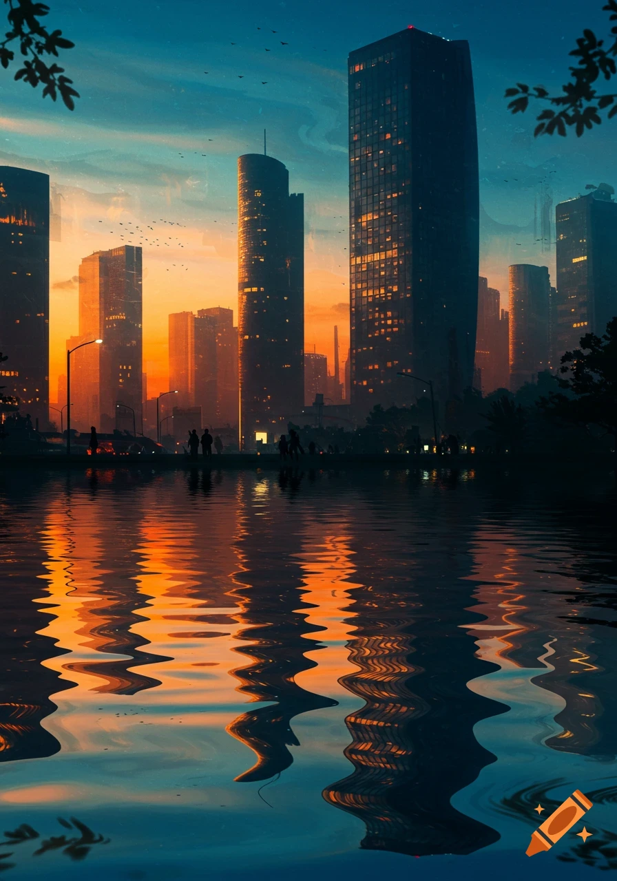 Stylized digital painting of a city skyline at sunset reflected in wavy water, with silhouetted figures on the distant bank.