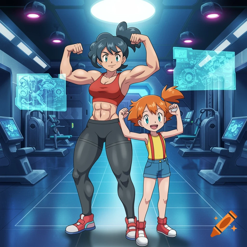 Misty's muscular mom flexes alongside a cute Misty in a futuristic gym, anime style.