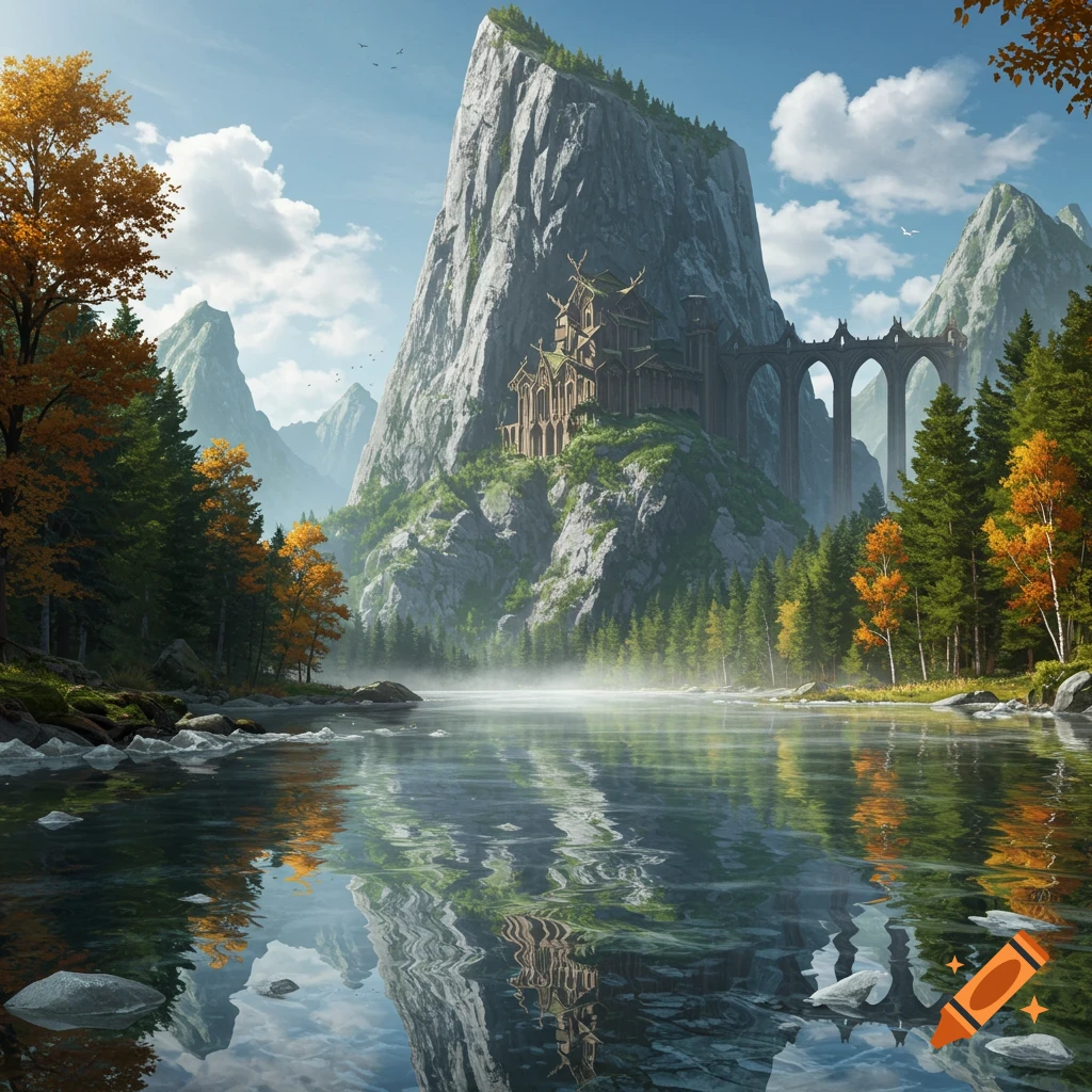 Fantasy landscape with a large mountain, ancient stronghold, and arched bridge reflected in a clear lake surrounded by autumn trees.