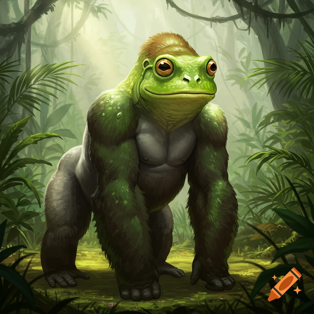 A muscular, green, frog-headed gorilla creature with a serious expression stands in a lush, sun-dappled jungle.