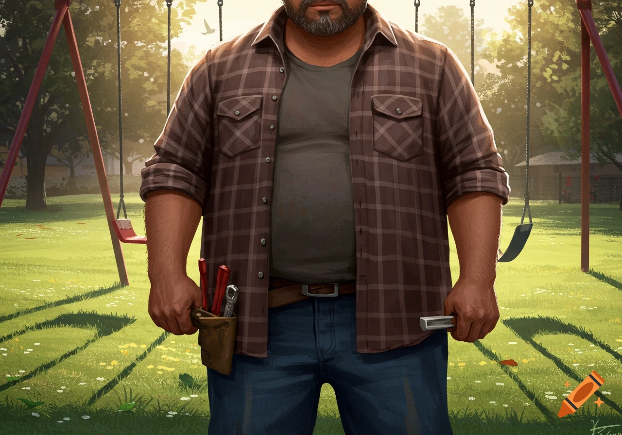 An illustration of a heavyset man in a plaid shirt and jeans, holding tools, standing in a sunny park with a swingset.