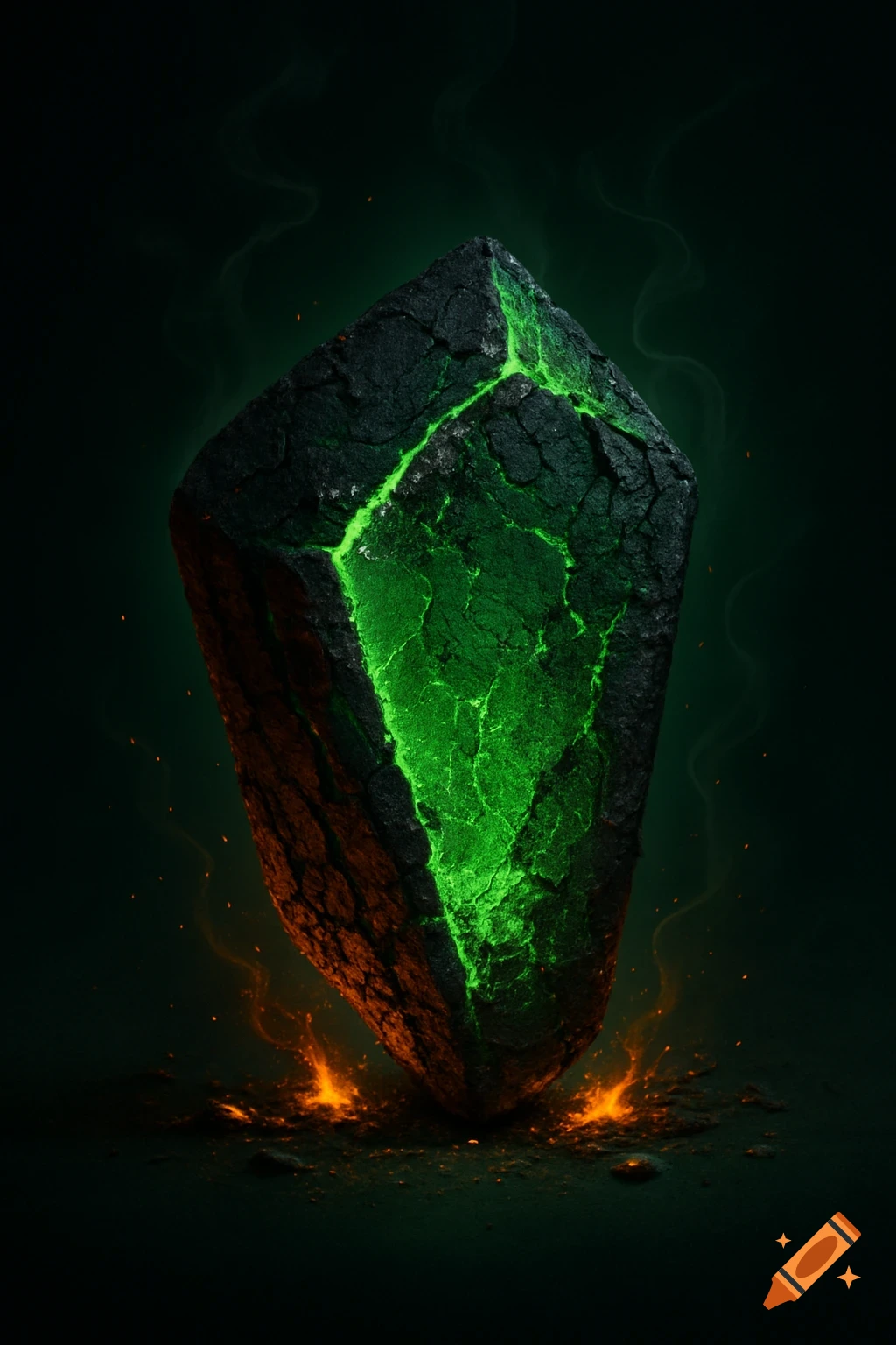 A dark, charred, rhomboid rock glows intensely with bright green cracks, surrounded by orange embers on a dark ground.