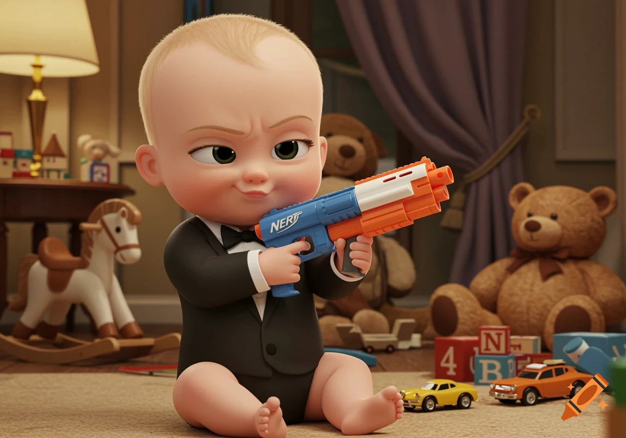 Animated Boss Baby character in a suit holds a toy Nerf gun in a playroom with toys.