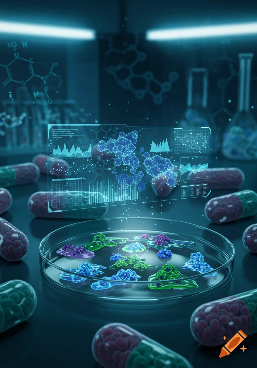 A scientific lab scene with a petri dish of colorful cell clusters, surrounding medicine capsules, and a holographic display showing data and molecules.