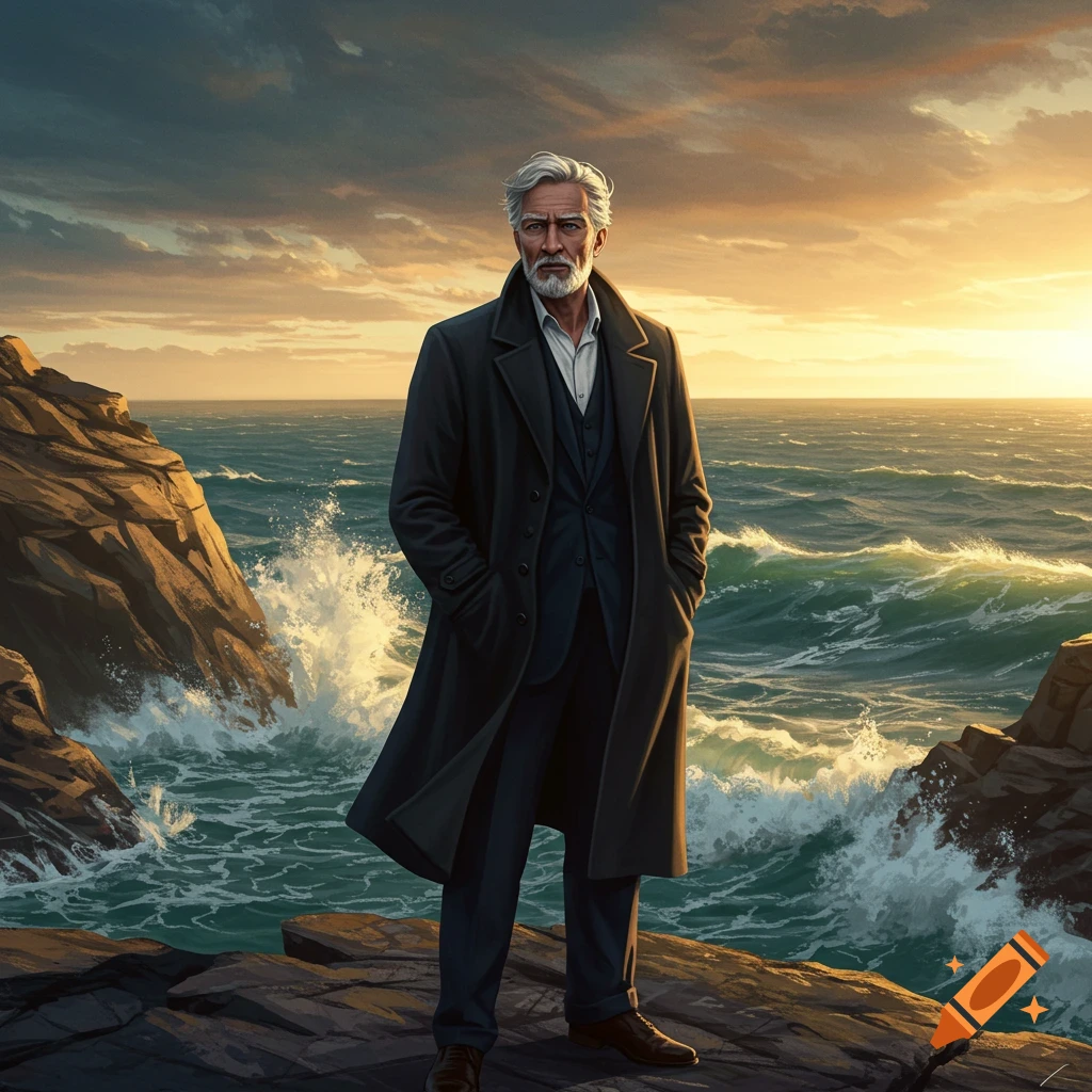A detailed digital painting of an older man with grey hair and beard, wearing a dark overcoat and suit, standing on rocky cliffs by a rough ocean under a dramatic sunset sky.