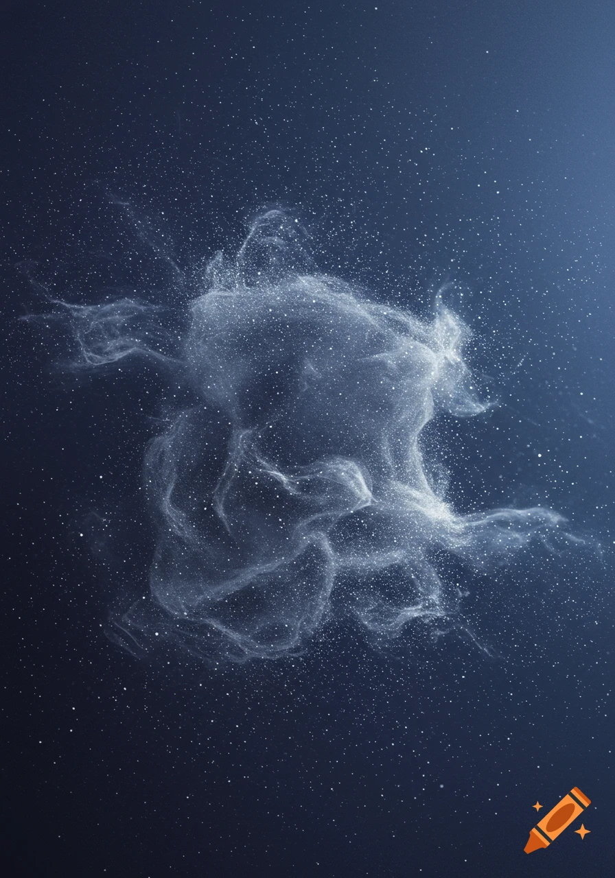 A swirling cloud of luminous white particles against a dark blue background, resembling a cosmic nebula.
