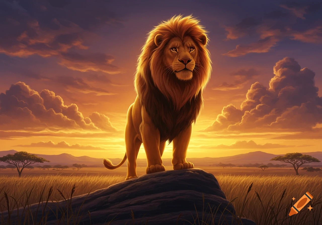 A majestic, golden-maned lion stands proudly on a rock against a vibrant orange and purple sunset in a savanna.
