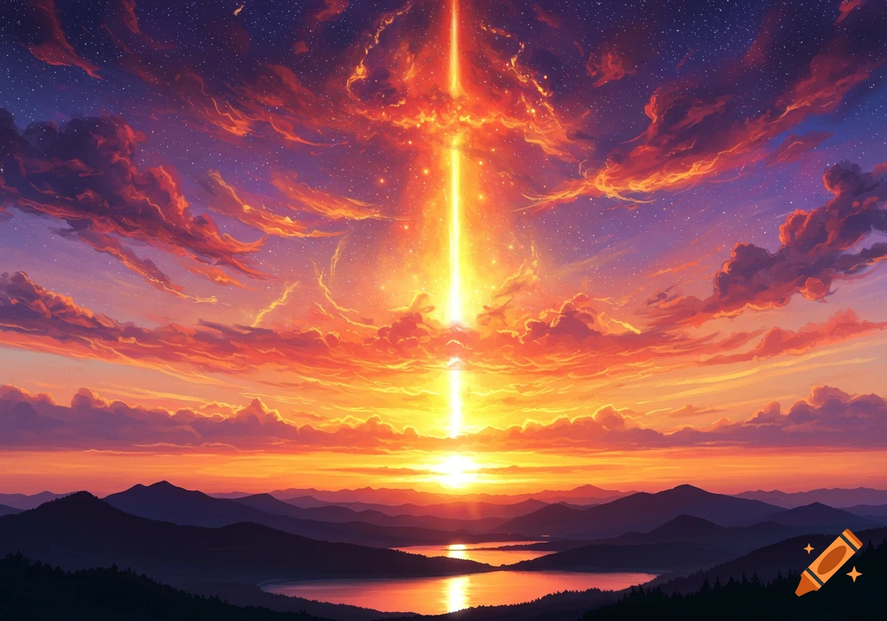 Vibrant digital painting of a dazzling light beam descending through a fiery orange and purple supernova sunset over a mountainous lake.