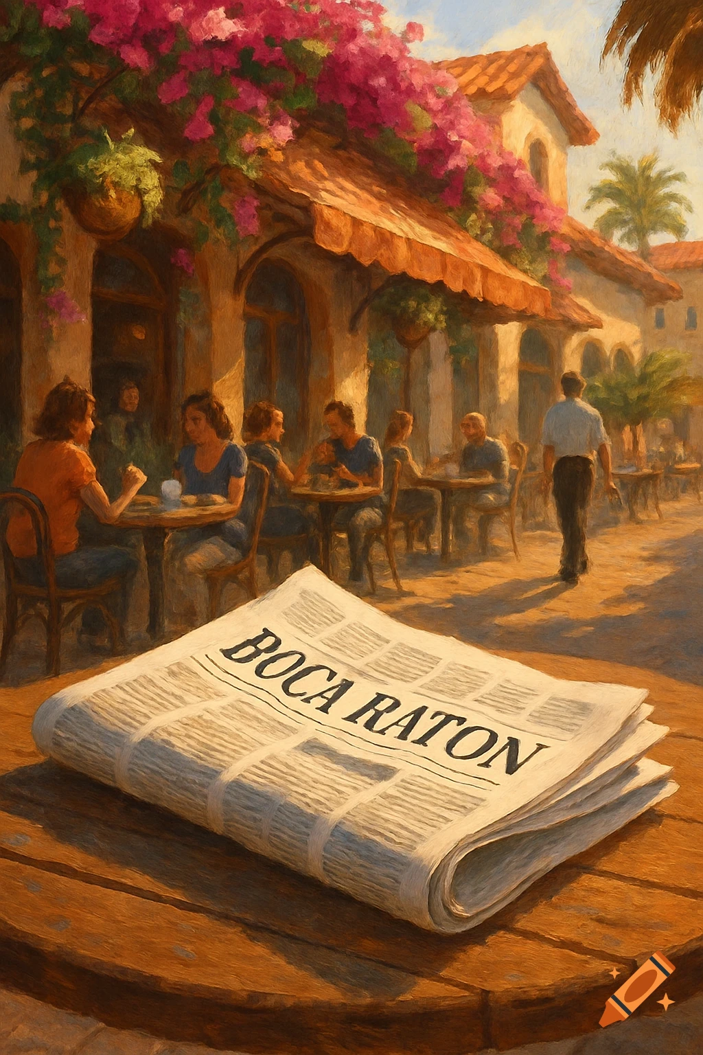 A painterly scene of an outdoor cafe with people dining, featuring a newspaper titled 'BOCA RATON' on a wooden table in the foreground.