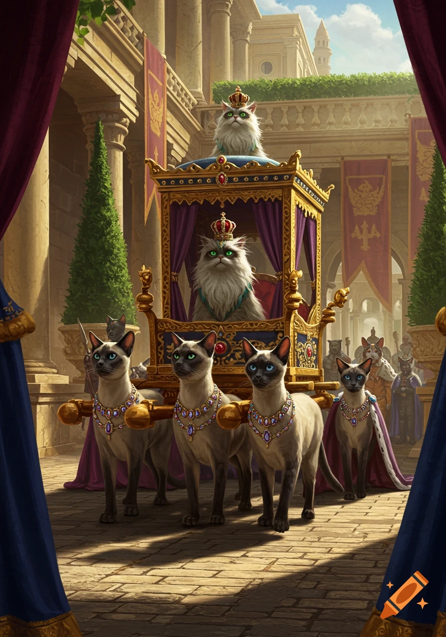 An emperor cat in a golden palanquin is carried by a procession of Siamese cats through a grand imperial courtyard.