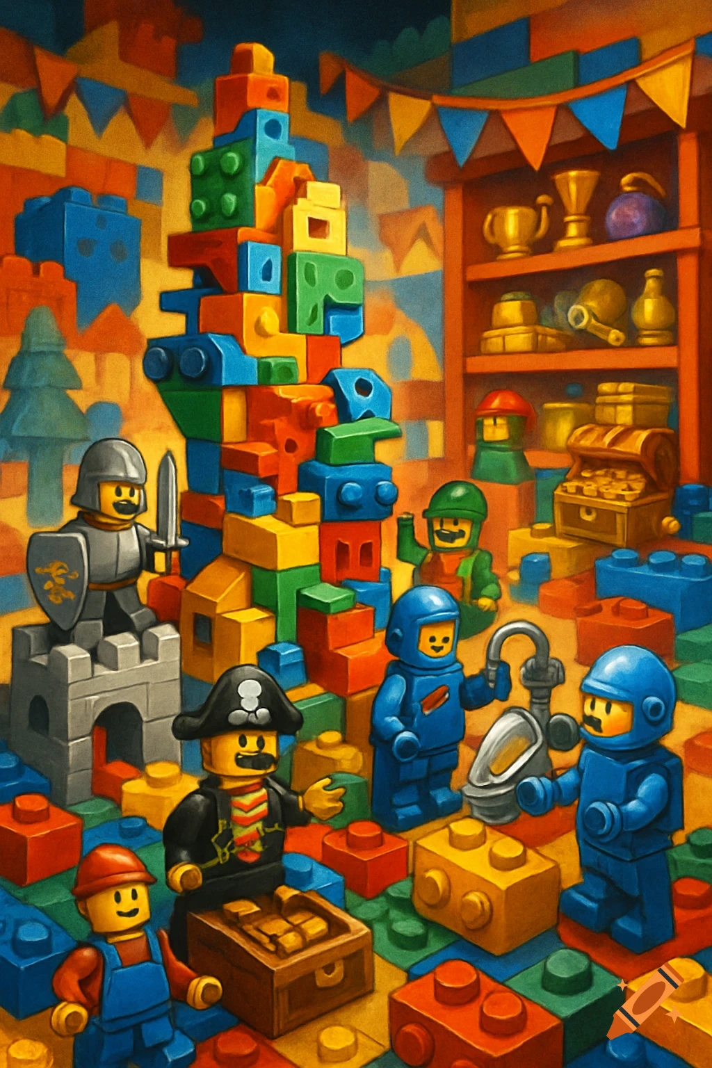 Colorful painterly scene with Lego-style minifigures and building blocks, including a knight, pirate, and astronauts.