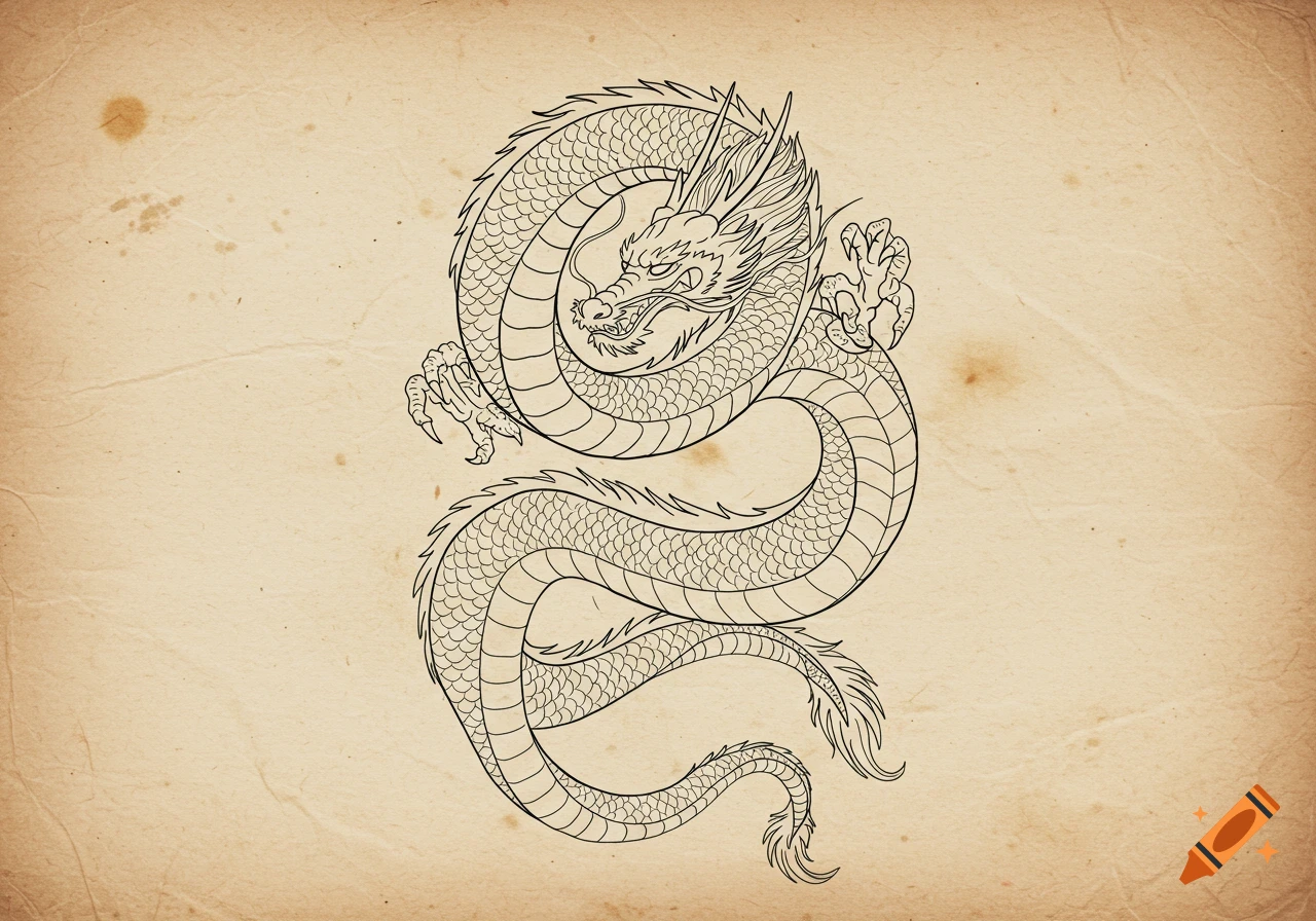 A detailed black line drawing of a coiled dragon on a textured, aged paper background, designed like a tattoo.