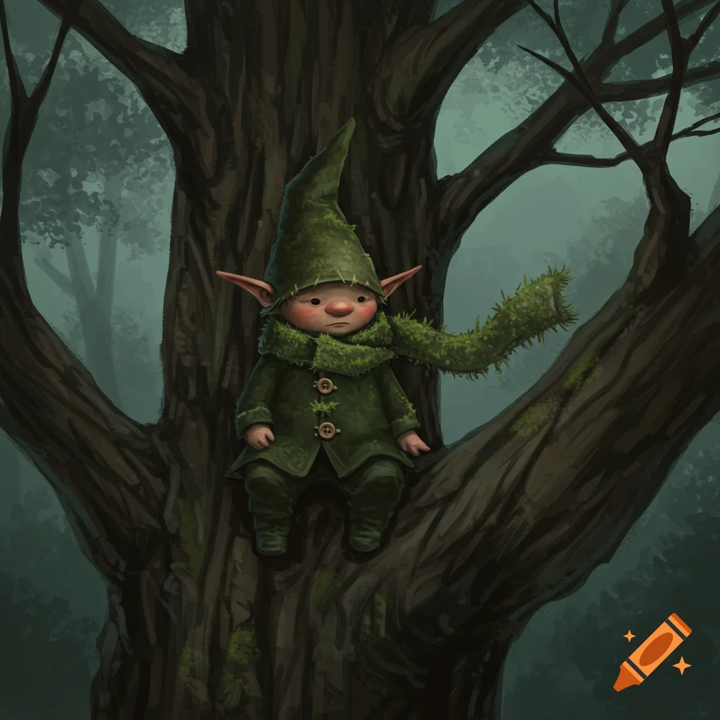 A small, sad gnome in a green hat and mossy scarf sits on a dark tree branch in a misty forest illustration.