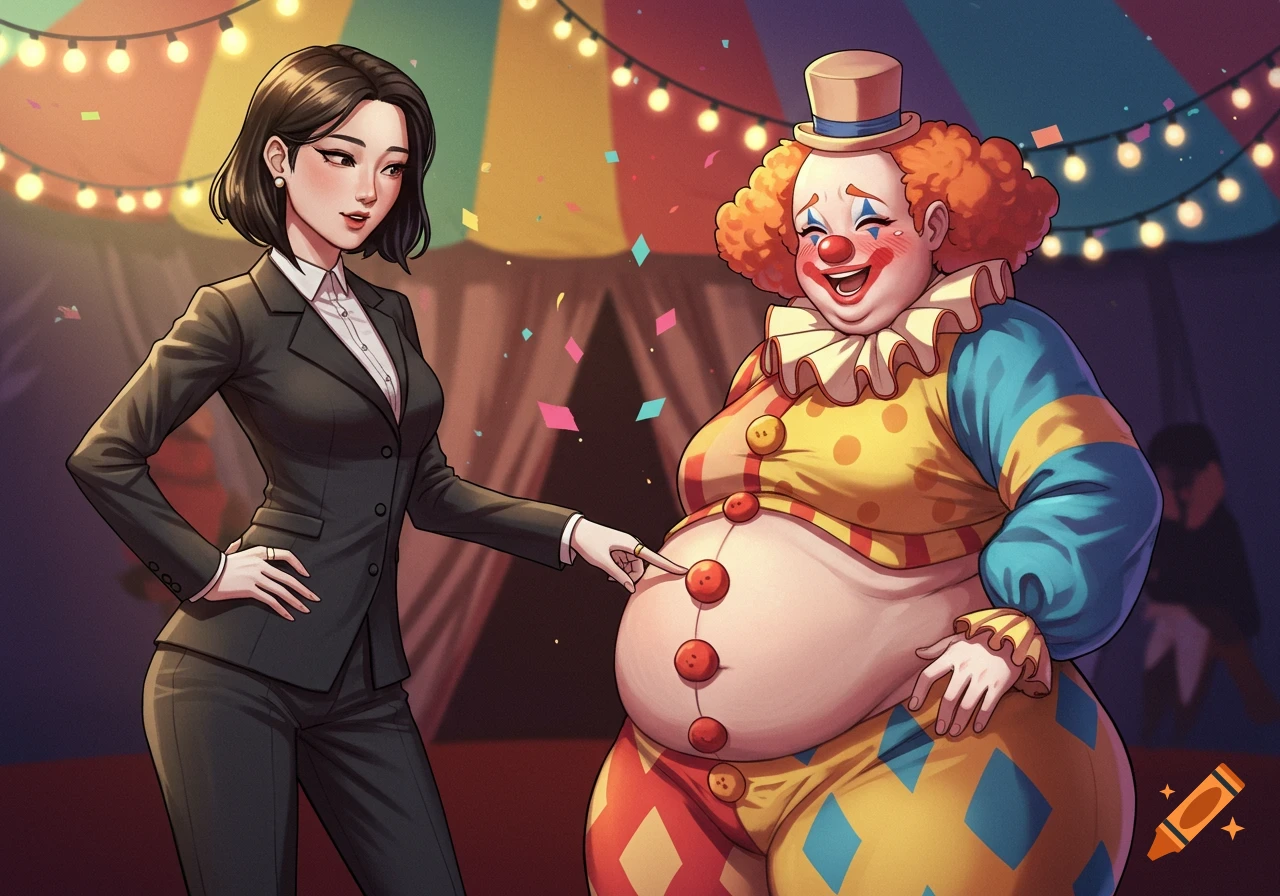 A Korean woman in a suit pokes the belly of a smiling obese clown under a circus tent with confetti.