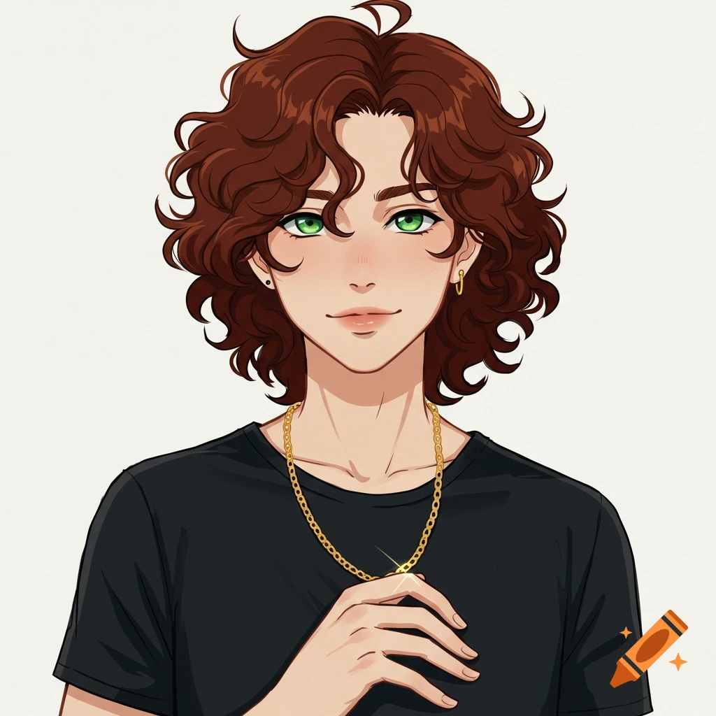 Anime-style portrait of a person with curly brown hair, green eyes, wearing a black t-shirt and a gold chain, smiling softly.