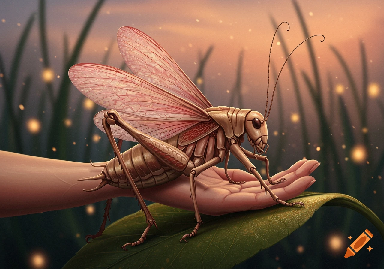 A giant, stylized brown cricket with translucent pink wings rests on a human hand, which is on a green leaf. Fireflies glow in the blurred background.