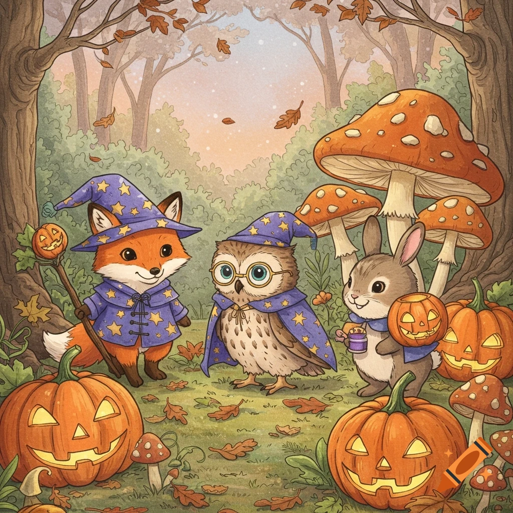 Cute cartoon fox, owl, and rabbit dressed as wizards in an autumn forest with jack-o'-lanterns and mushrooms, in a coloring book style.