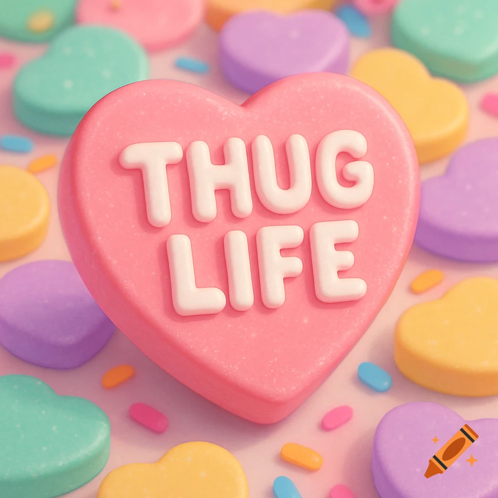 A pink heart-shaped candy with "THUG LIFE" in white letters, surrounded by pastel-colored candies and sprinkles.