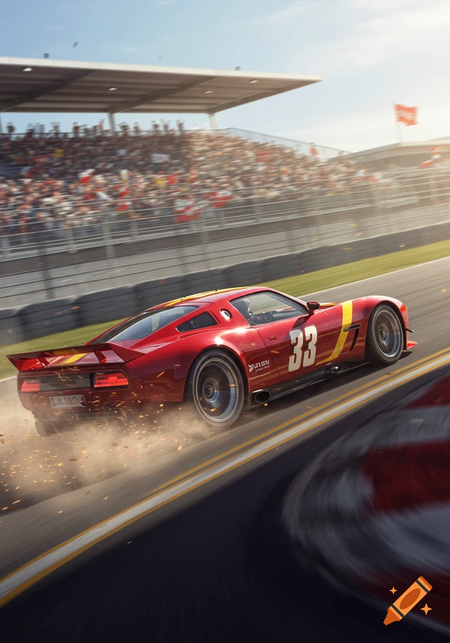 A red racecar with the number 33 speeds around a track, kicking up dust and sparks, with a blurred crowd in the background.