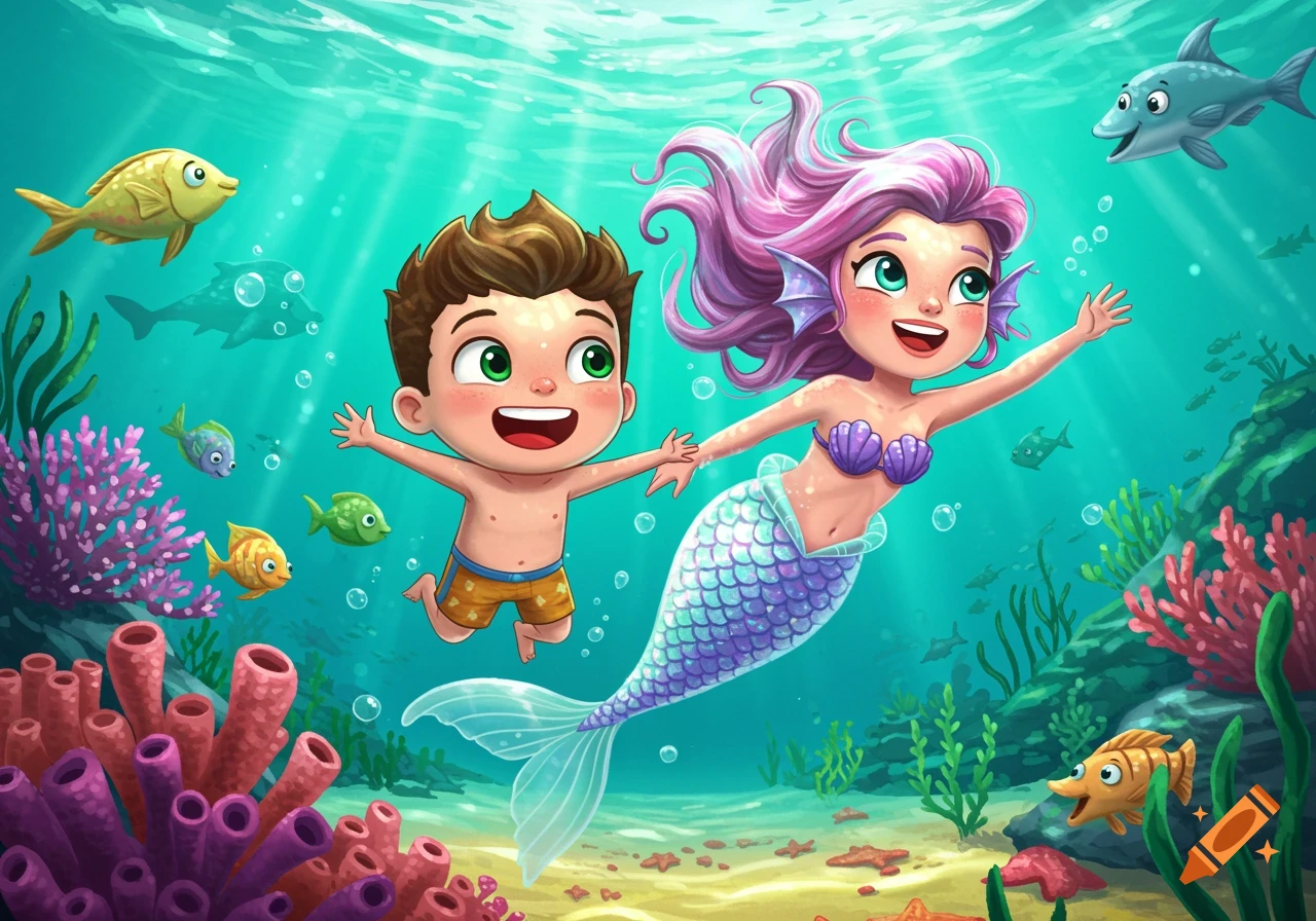 A vibrant cartoon illustration of a boy swimming alongside a mermaid with pink hair and a purple tail, surrounded by colorful fish and coral in a sunlit underwater scene.