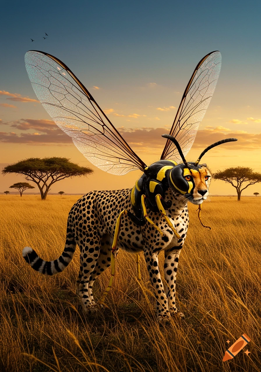 A cheetah with translucent wasp wings and a yellow-and-black wasp head stands in a golden savanna at sunset.