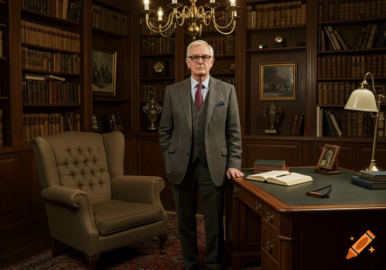 A distinguished older man in a tweed suit stands in a wood-paneled library with bookshelves and a desk.