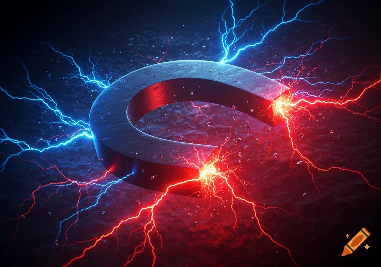 Dark horseshoe magnet with vibrant red and blue electrical energy bolts erupting from its poles on a textured black surface.